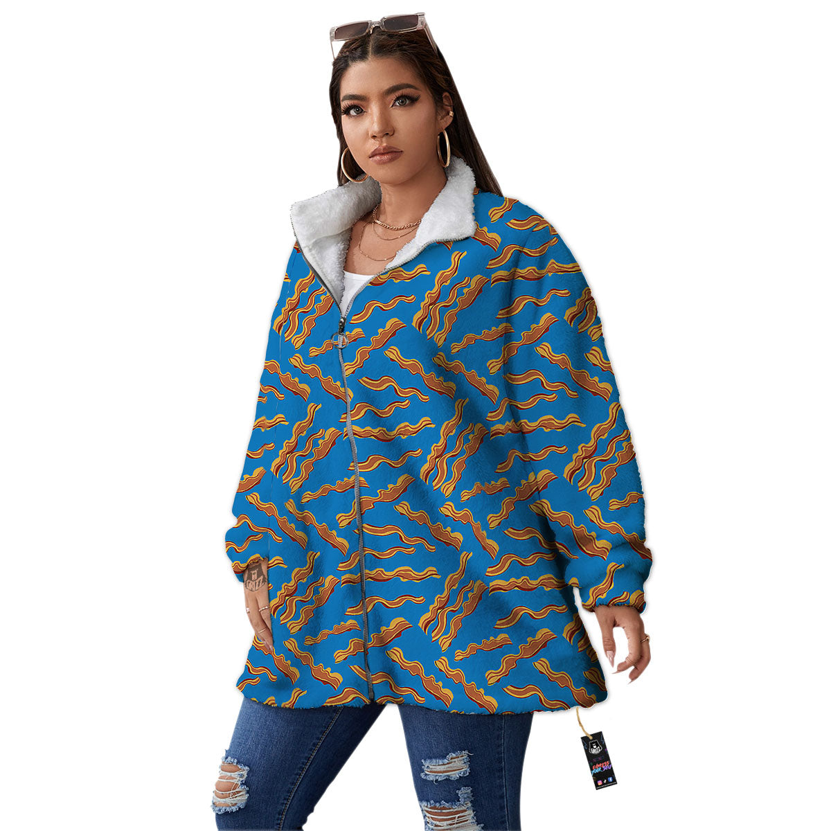 Bacon Blue Crispy Print Pattern Women's Sherpa Jacket-grizzshop
