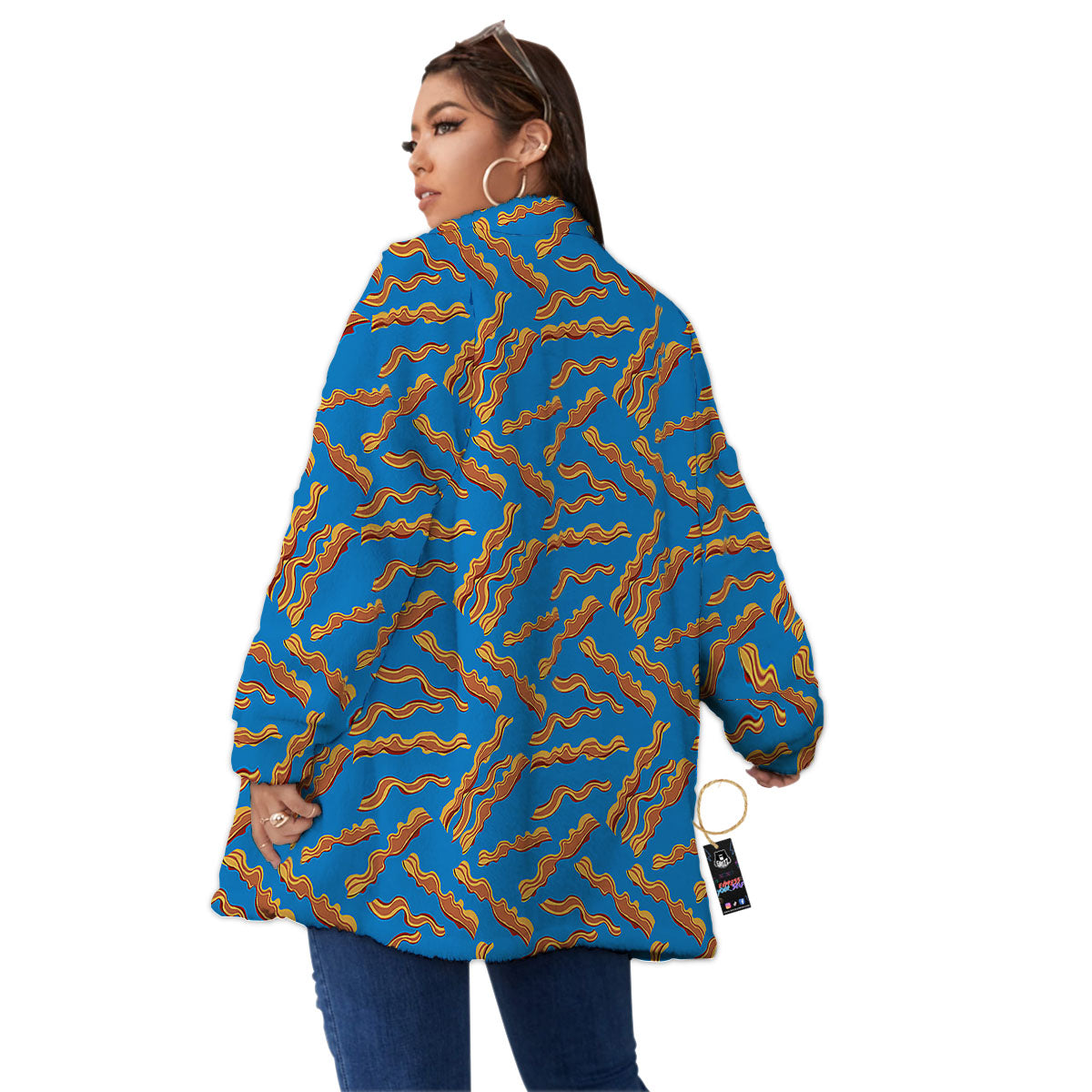 Bacon Blue Crispy Print Pattern Women's Sherpa Jacket-grizzshop