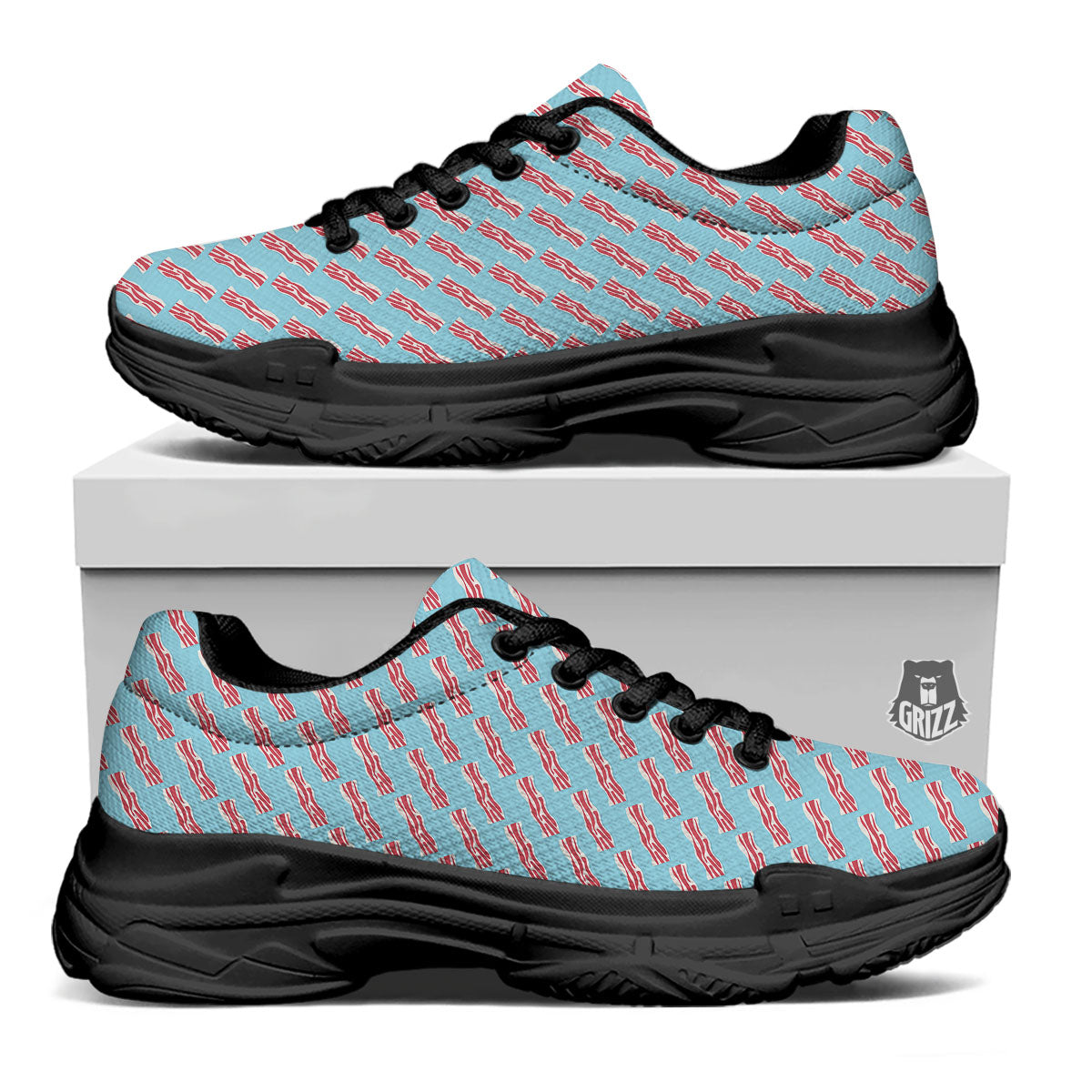 Bacon Blue Print Pattern Black Chunky Shoes-grizzshop