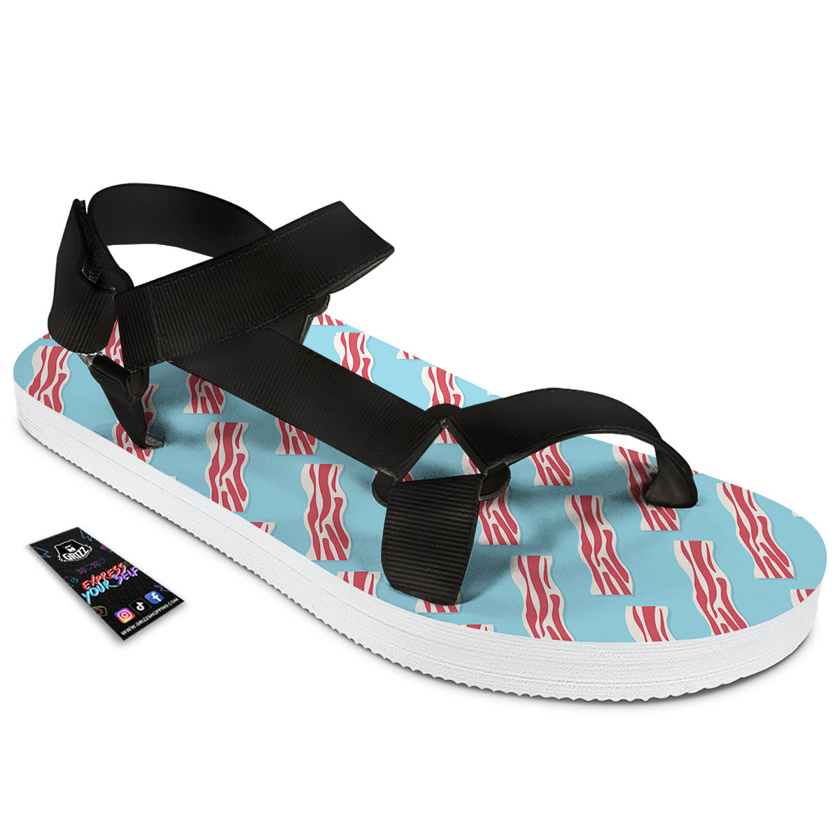 Bacon Blue Print Pattern Black Open Toe Sandals-grizzshop