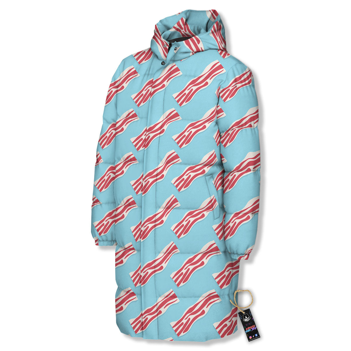 Bacon Blue Print Pattern Long Down Jacket-grizzshop