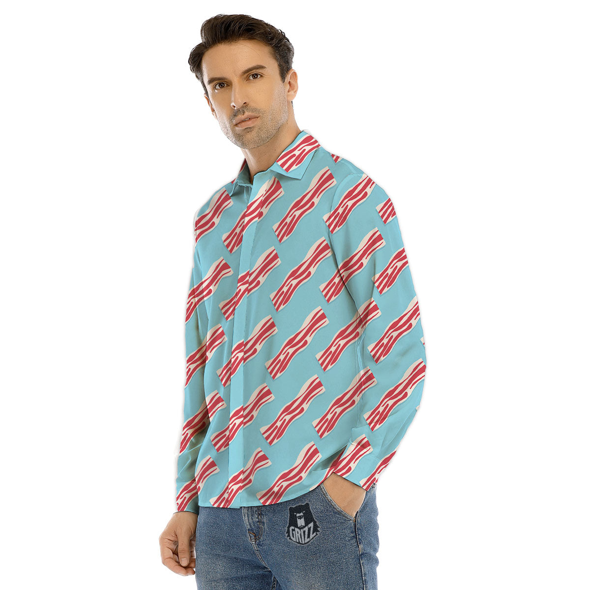 Bacon Blue Print Pattern Men's Dress Shirts-grizzshop