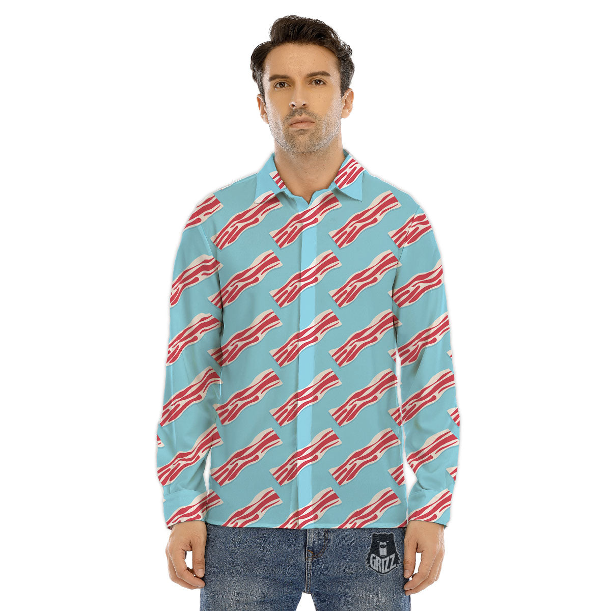 Bacon Blue Print Pattern Men's Dress Shirts-grizzshop
