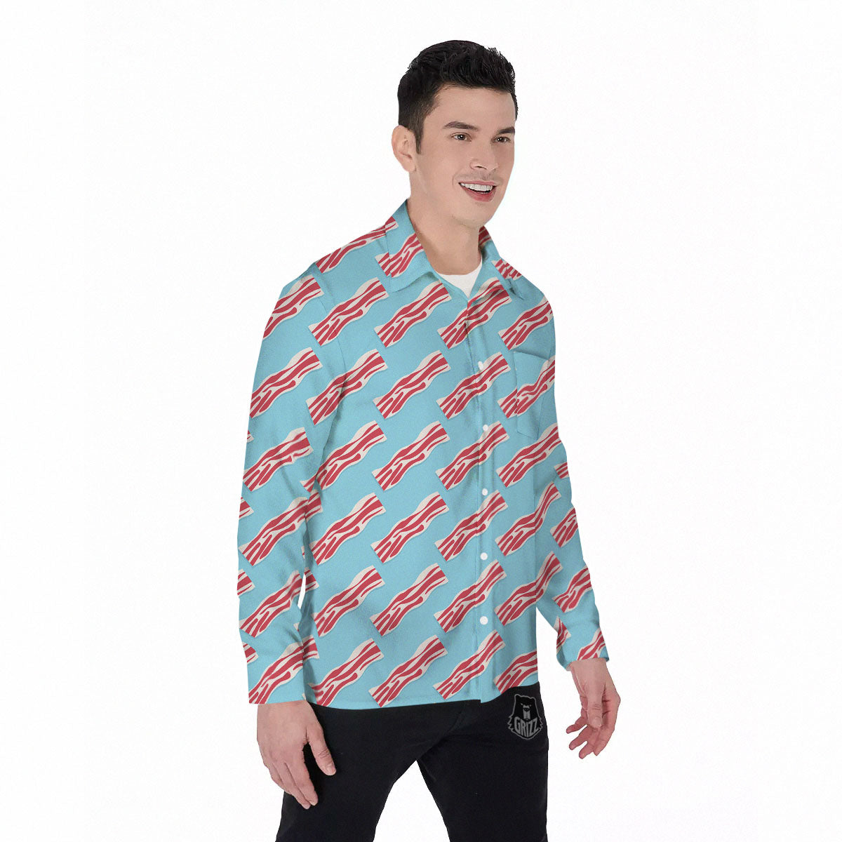 Bacon Blue Print Pattern Men's Long Sleeve Shirts-grizzshop