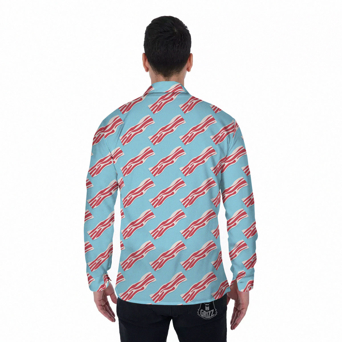 Bacon Blue Print Pattern Men's Long Sleeve Shirts-grizzshop