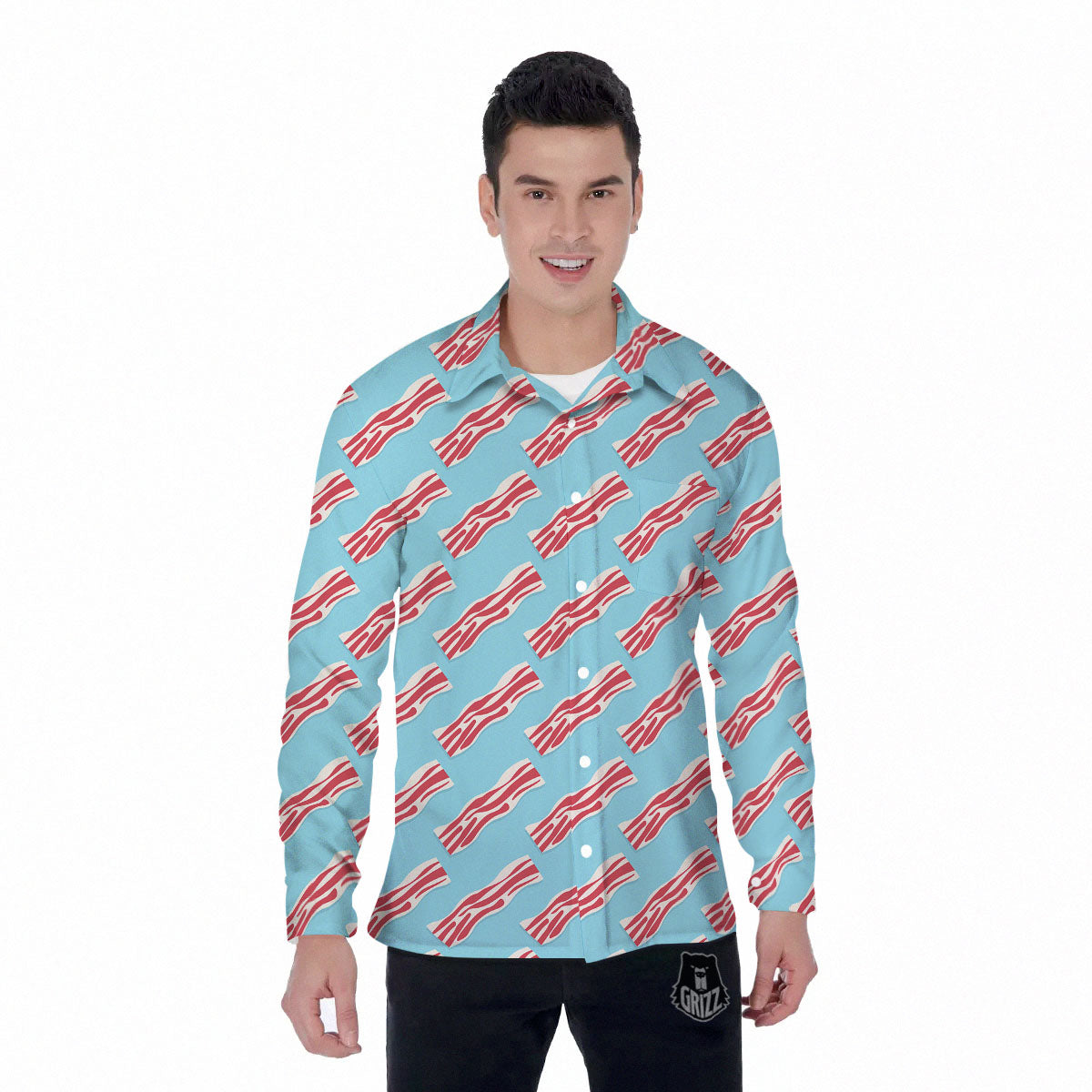 Bacon Blue Print Pattern Men's Long Sleeve Shirts-grizzshop