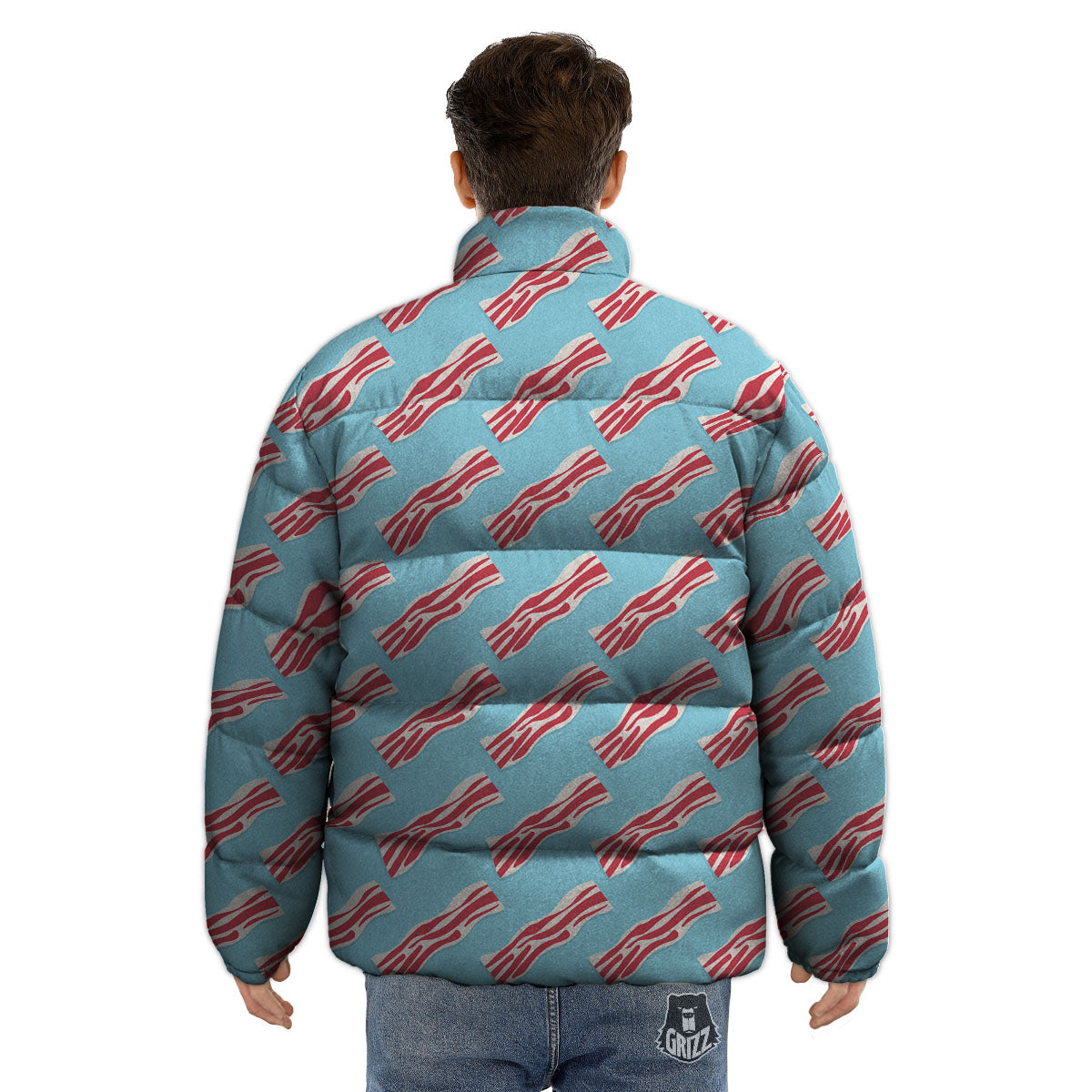 Bacon Blue Print Pattern Puffer Jacket-grizzshop