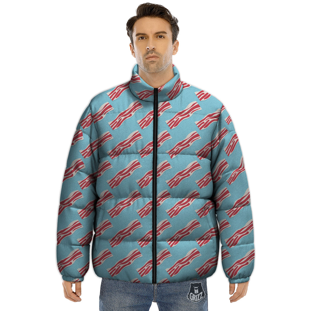 Bacon Blue Print Pattern Puffer Jacket-grizzshop