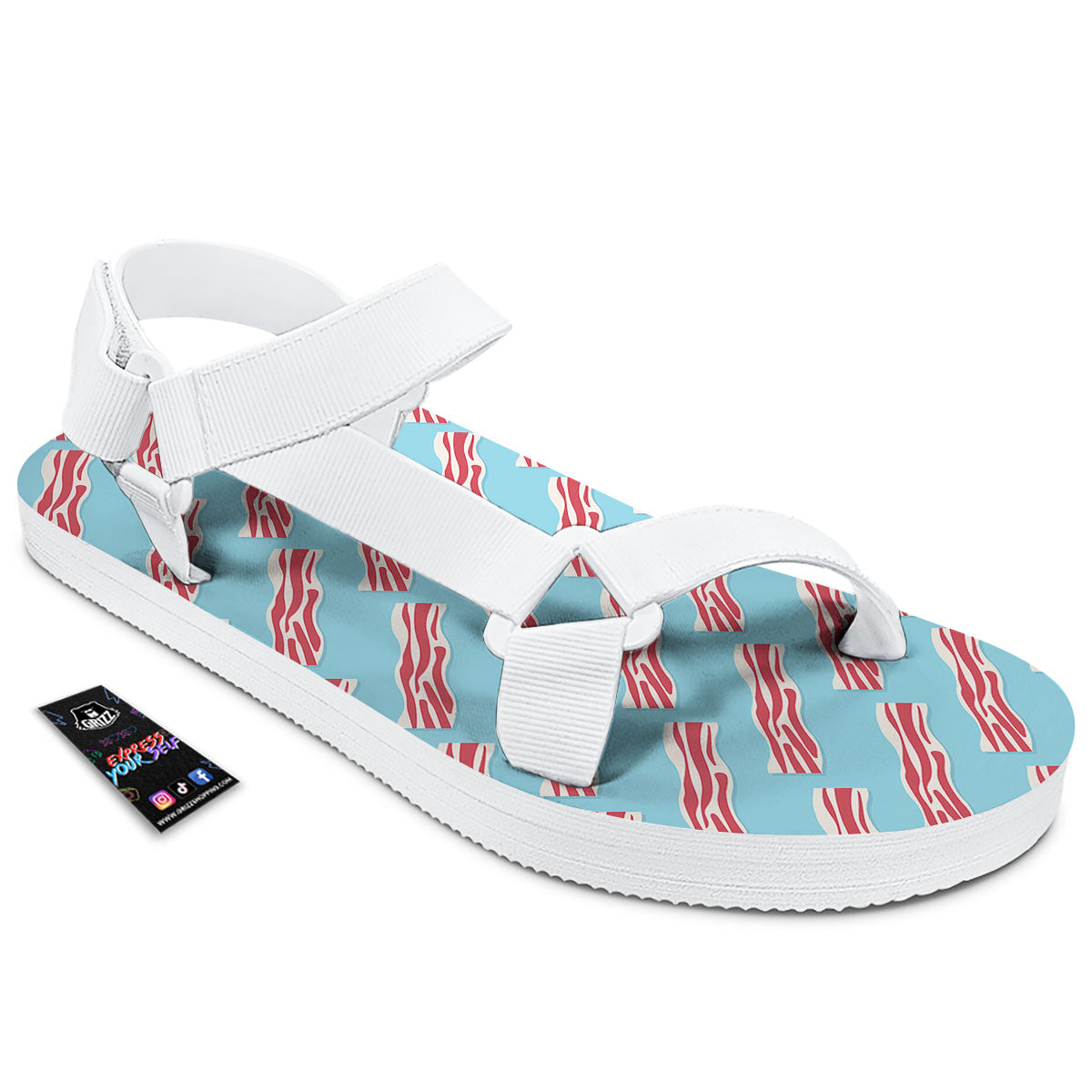 Bacon Blue Print Pattern White Open Toe Sandals-grizzshop