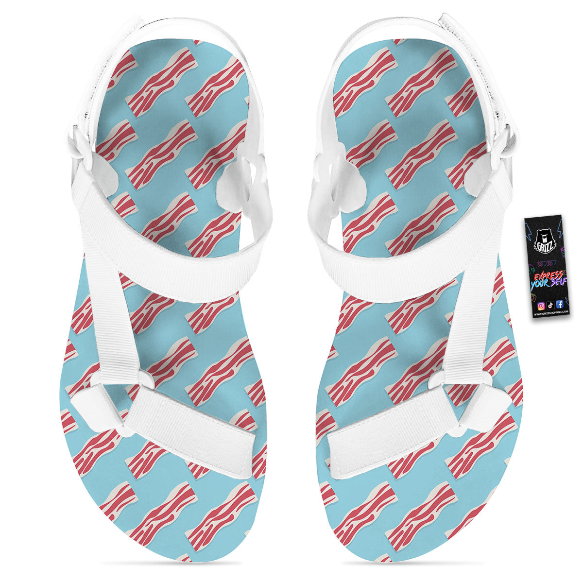 Bacon Blue Print Pattern White Open Toe Sandals-grizzshop