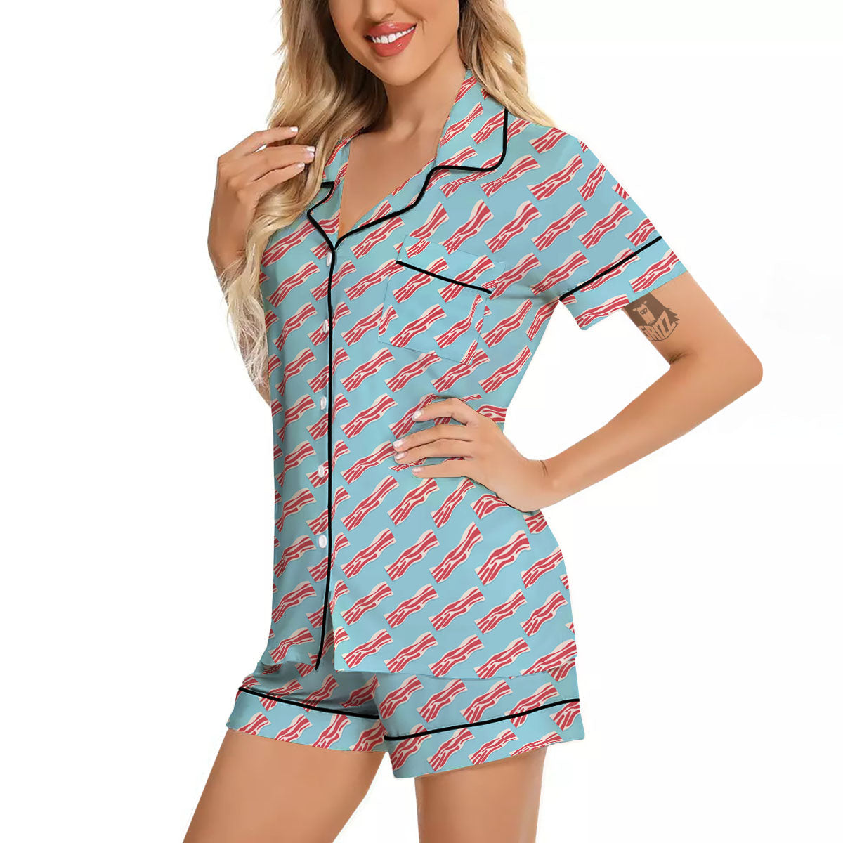 Bacon Blue Print Pattern Women Silk Pajamas-grizzshop