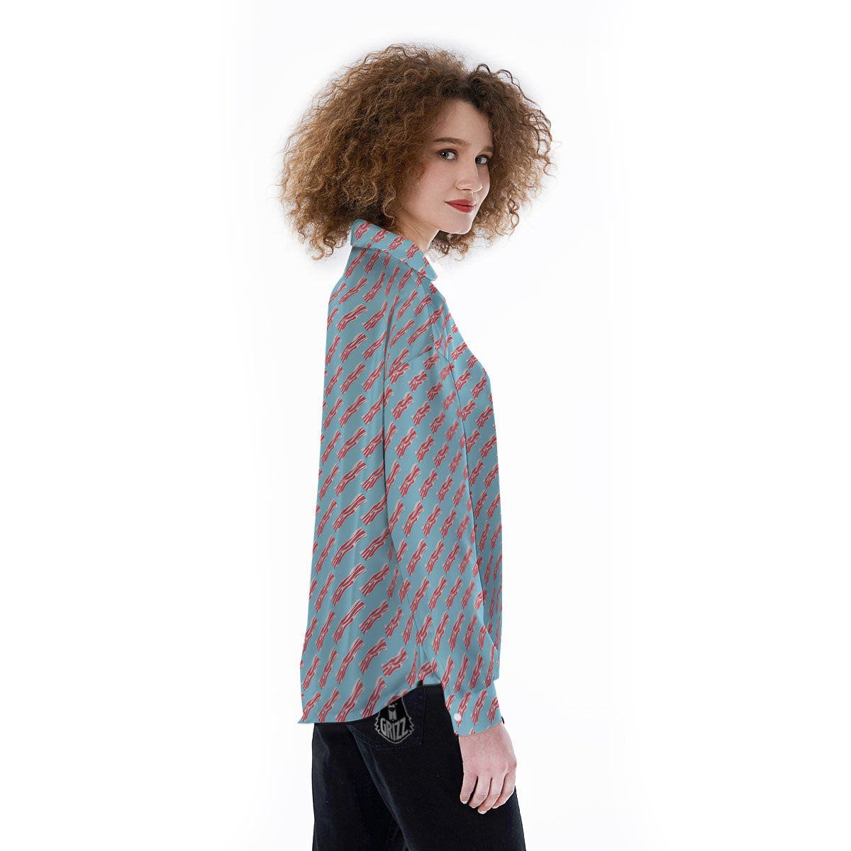 Bacon Blue Print Pattern Women's Long Sleeve Shirts-grizzshop