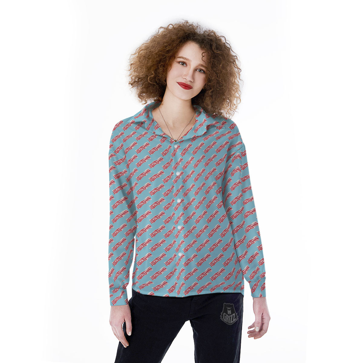 Bacon Blue Print Pattern Women's Long Sleeve Shirts-grizzshop