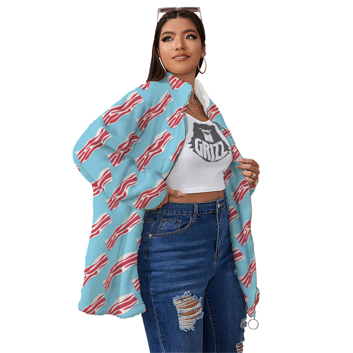 Bacon Blue Print Pattern Women's Sherpa Jacket-grizzshop