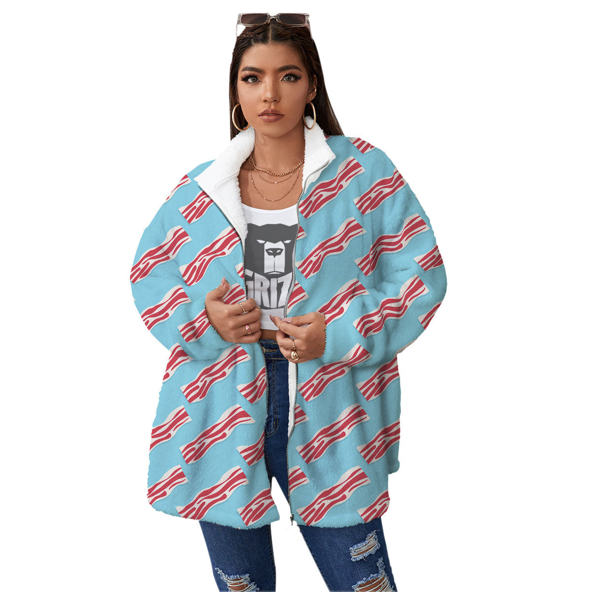 Bacon Blue Print Pattern Women's Sherpa Jacket-grizzshop