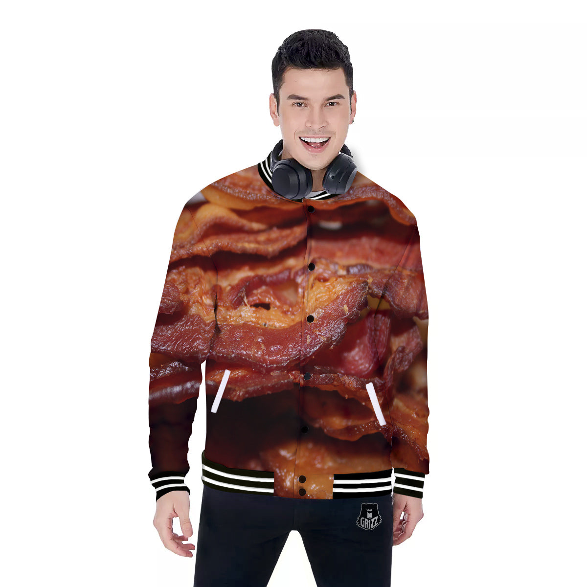 Bacon Crispy Print Baseball Jacket-grizzshop
