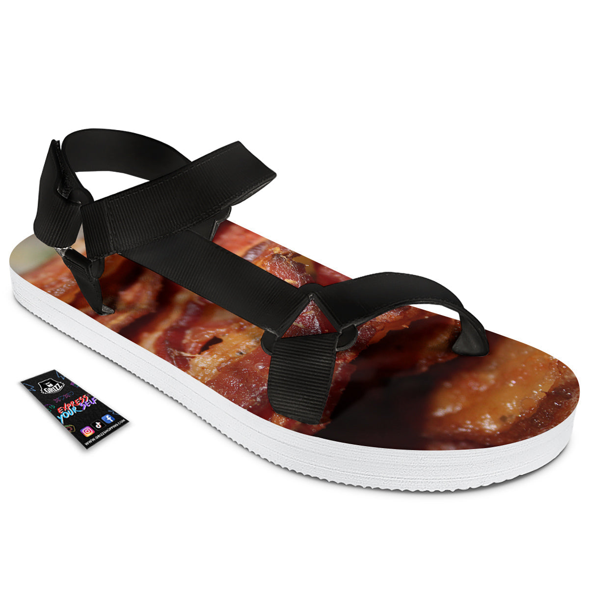 Bacon Crispy Print Black Open Toe Sandals-grizzshop
