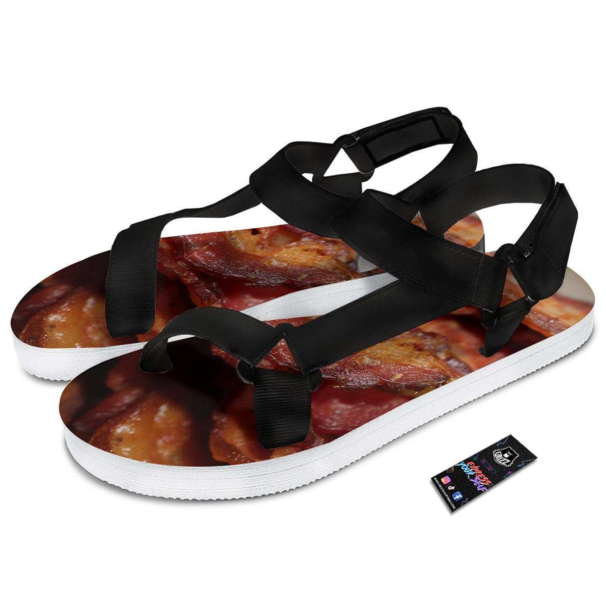 Bacon Crispy Print Black Open Toe Sandals-grizzshop