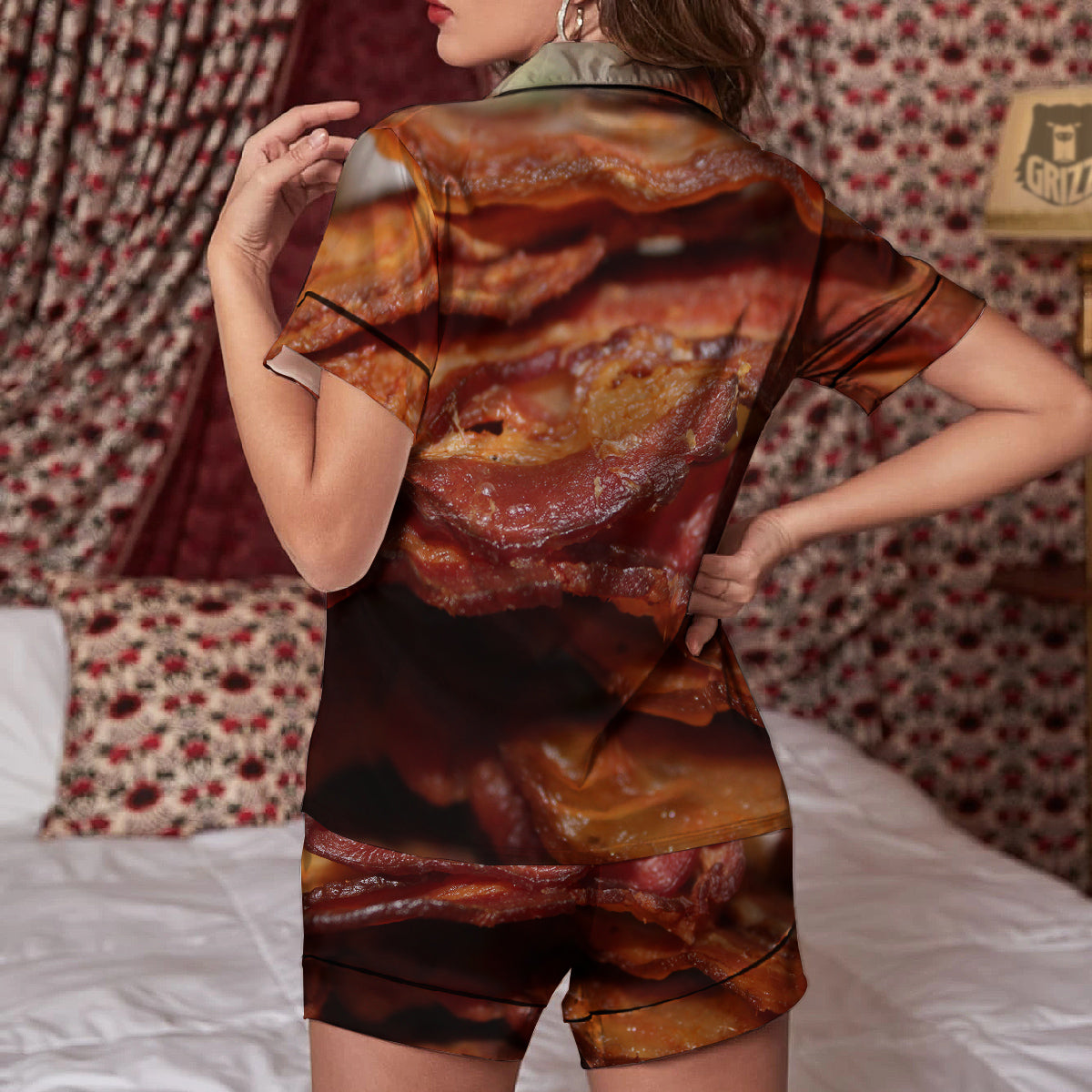 Bacon Crispy Print Women Silk Pajamas-grizzshop