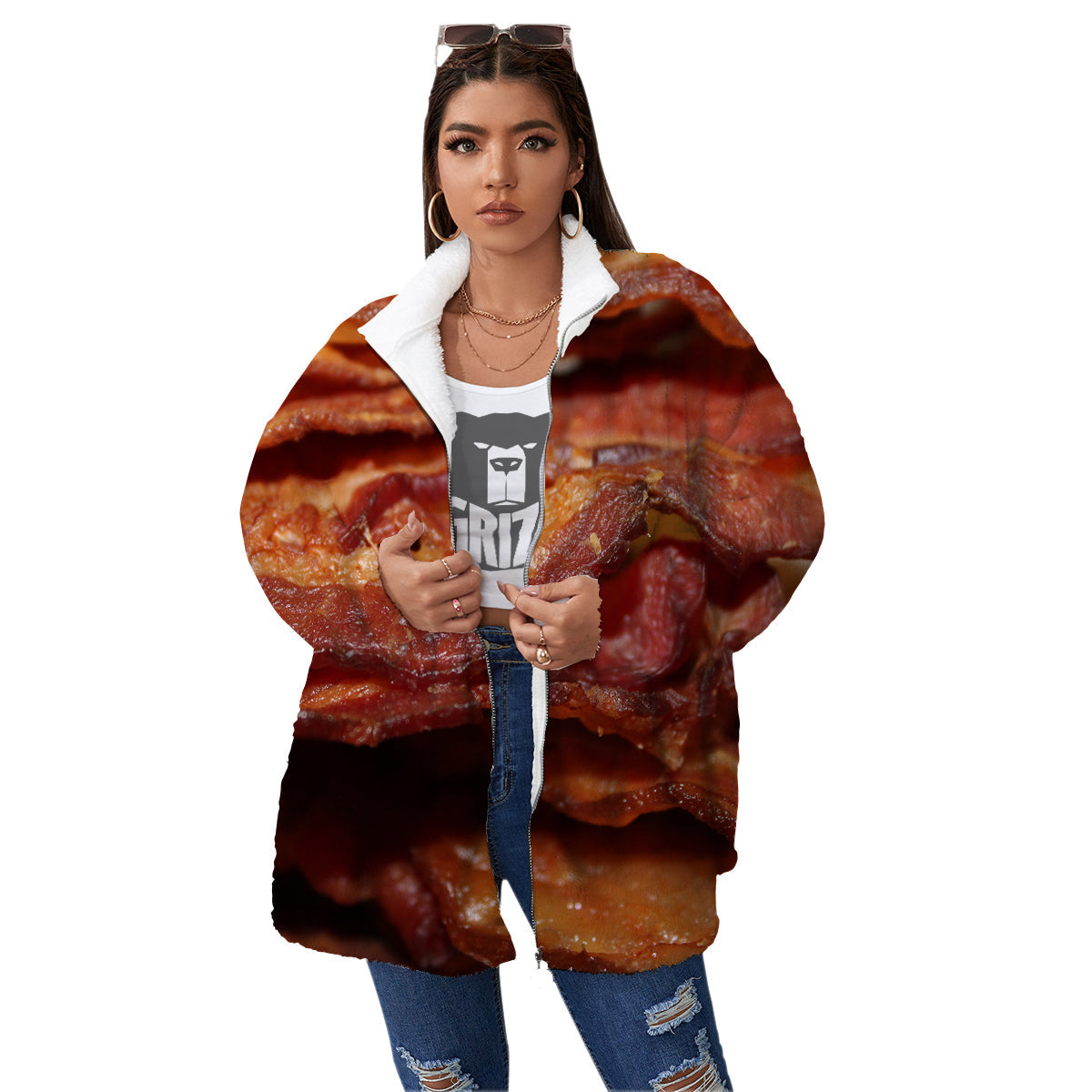 Bacon Crispy Print Women's Sherpa Jacket-grizzshop
