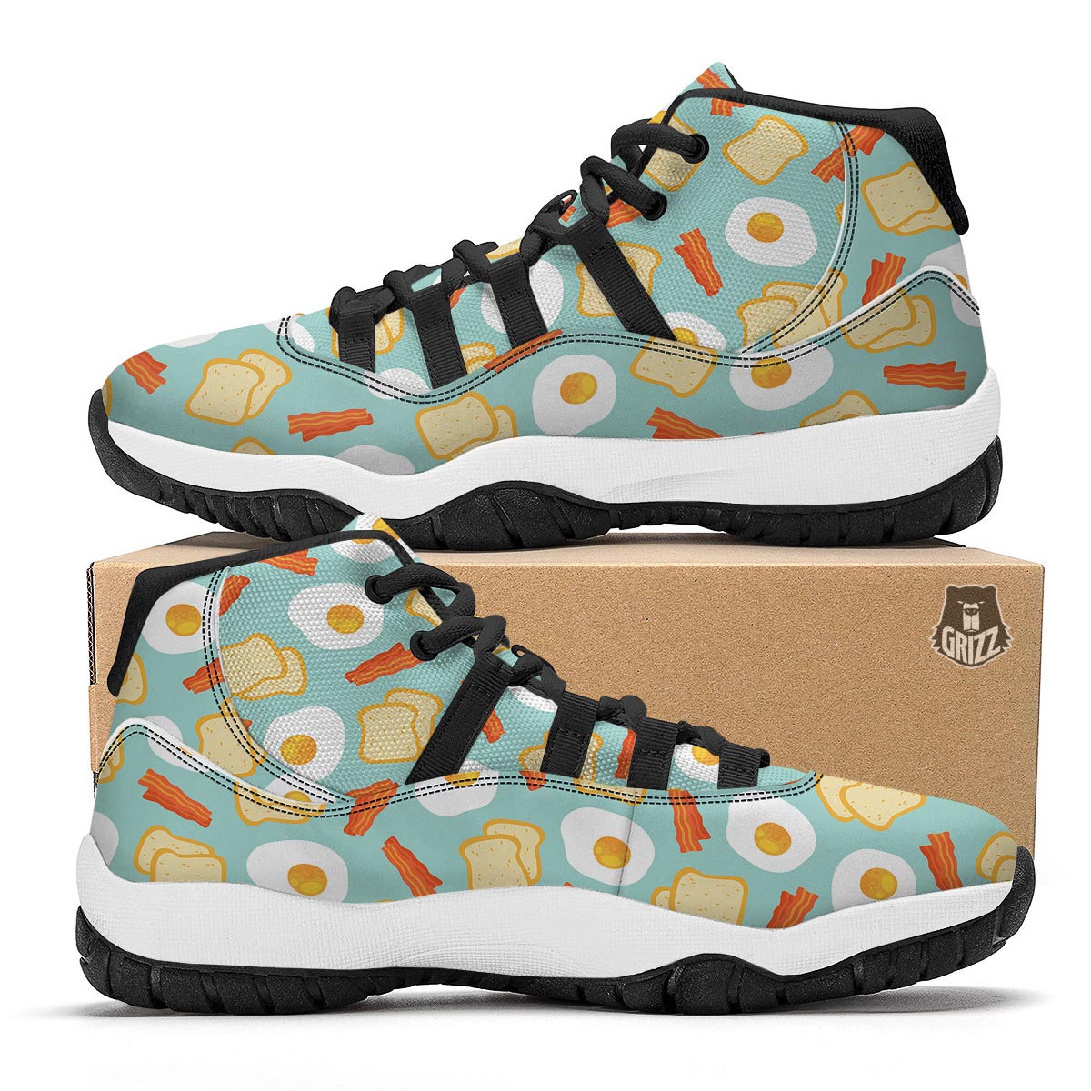 Bacon Egg Bread Pattern Print Black Bball Shoes-grizzshop