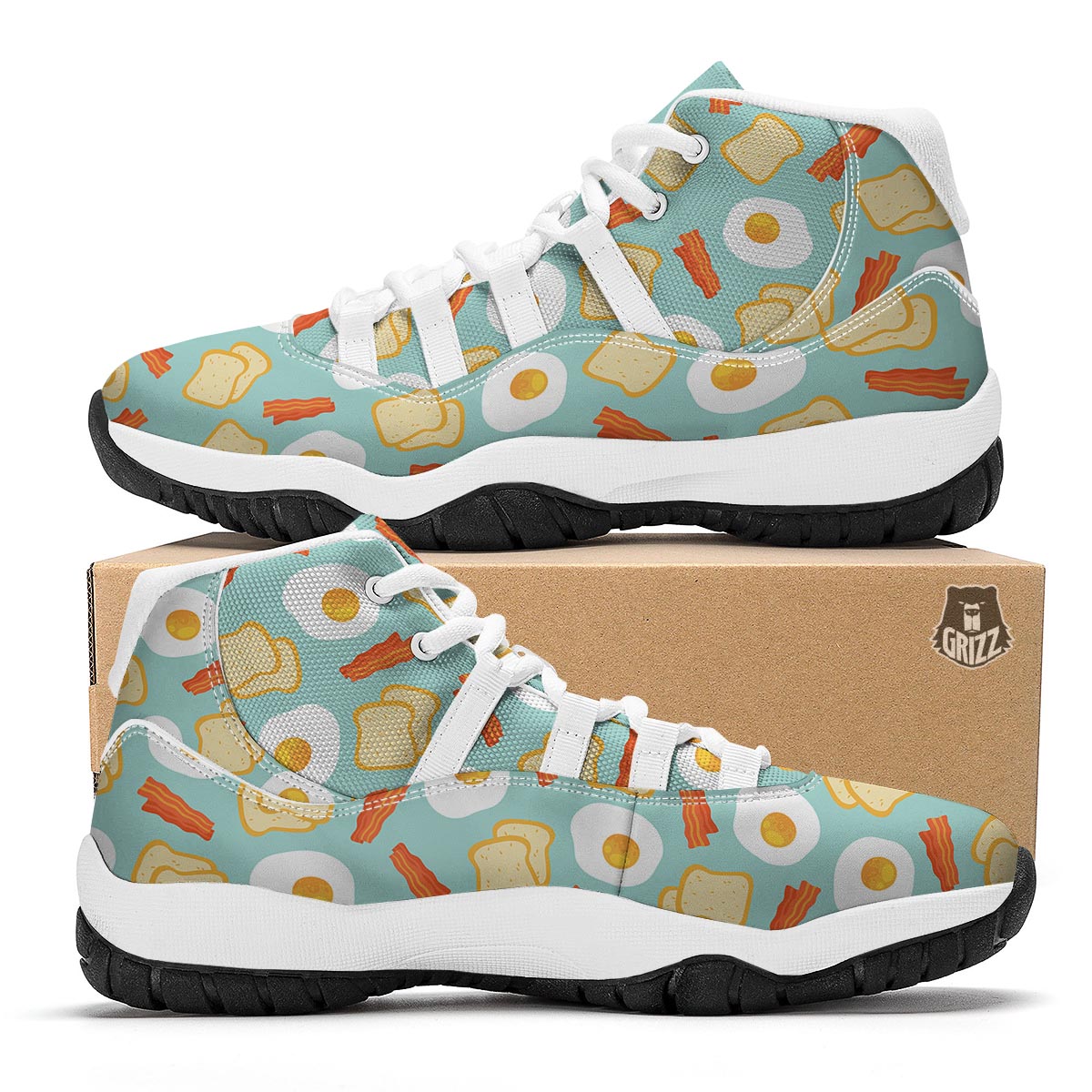 Bacon Egg Bread Pattern Print White Bball Shoes-grizzshop