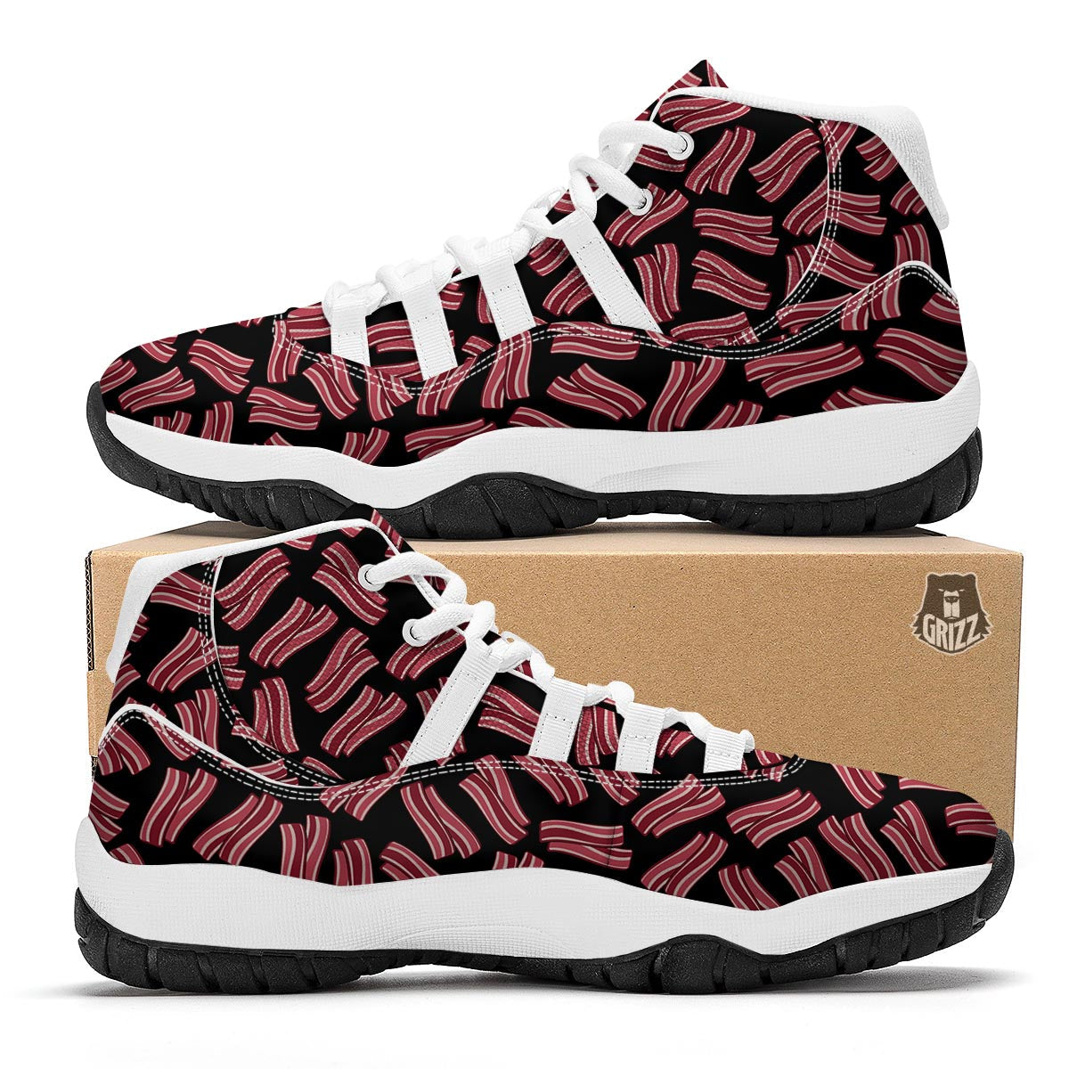 Bacon Pattern Print White Bball Shoes-grizzshop