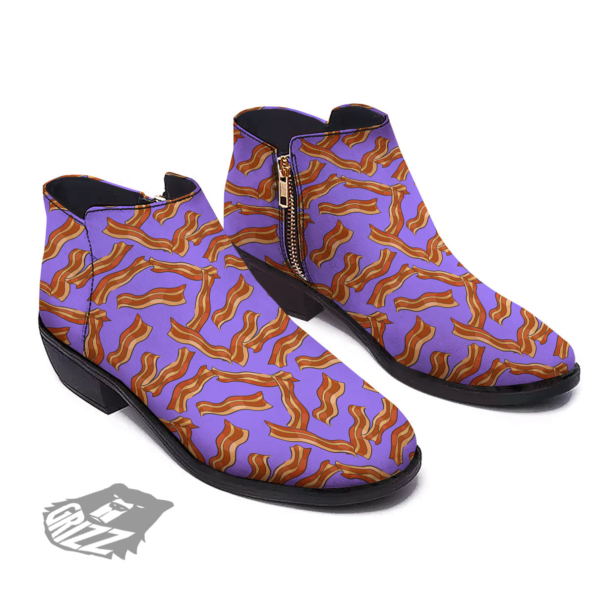 Bacon Purple Print Pattern Ankle Boots-grizzshop