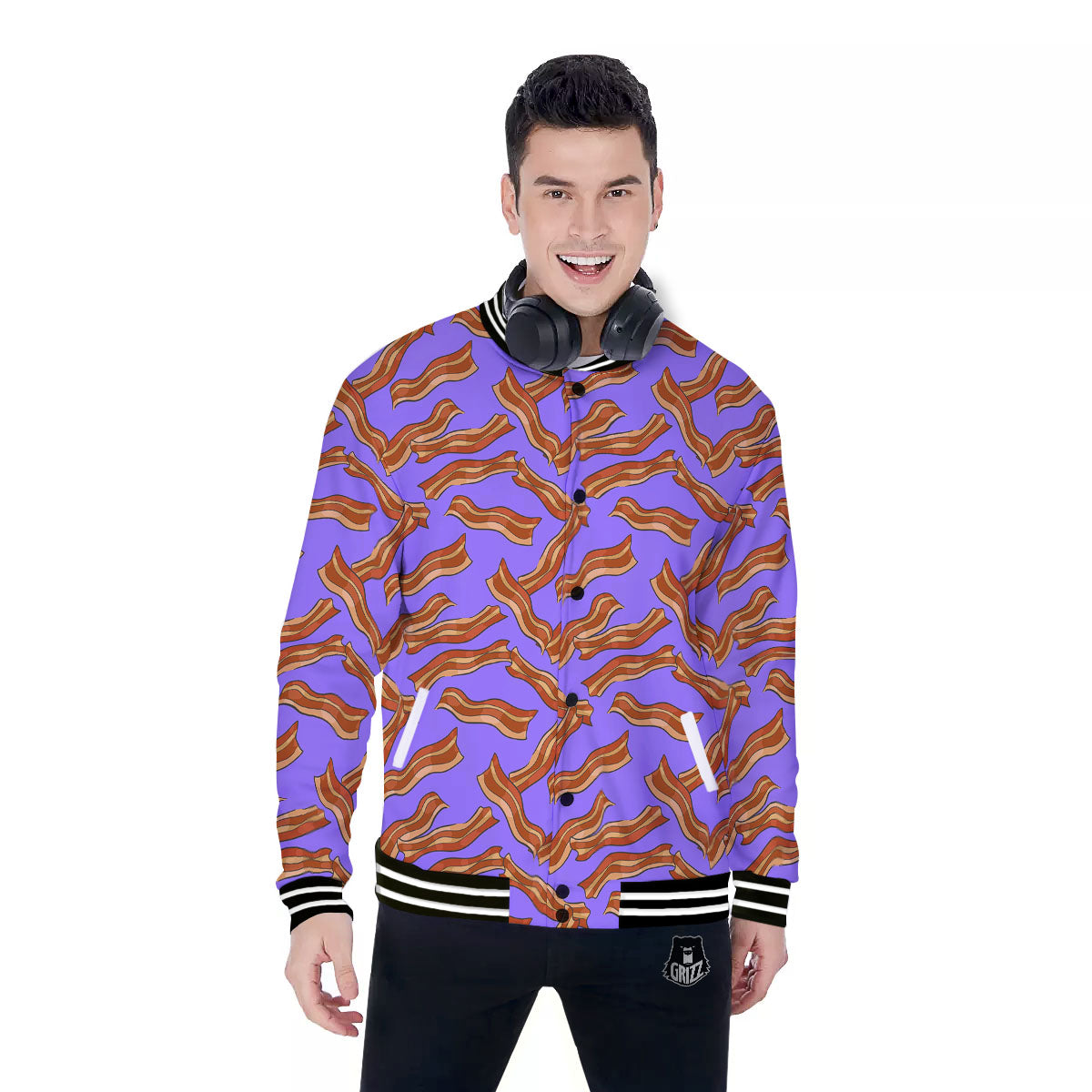 Bacon Purple Print Pattern Baseball Jacket-grizzshop