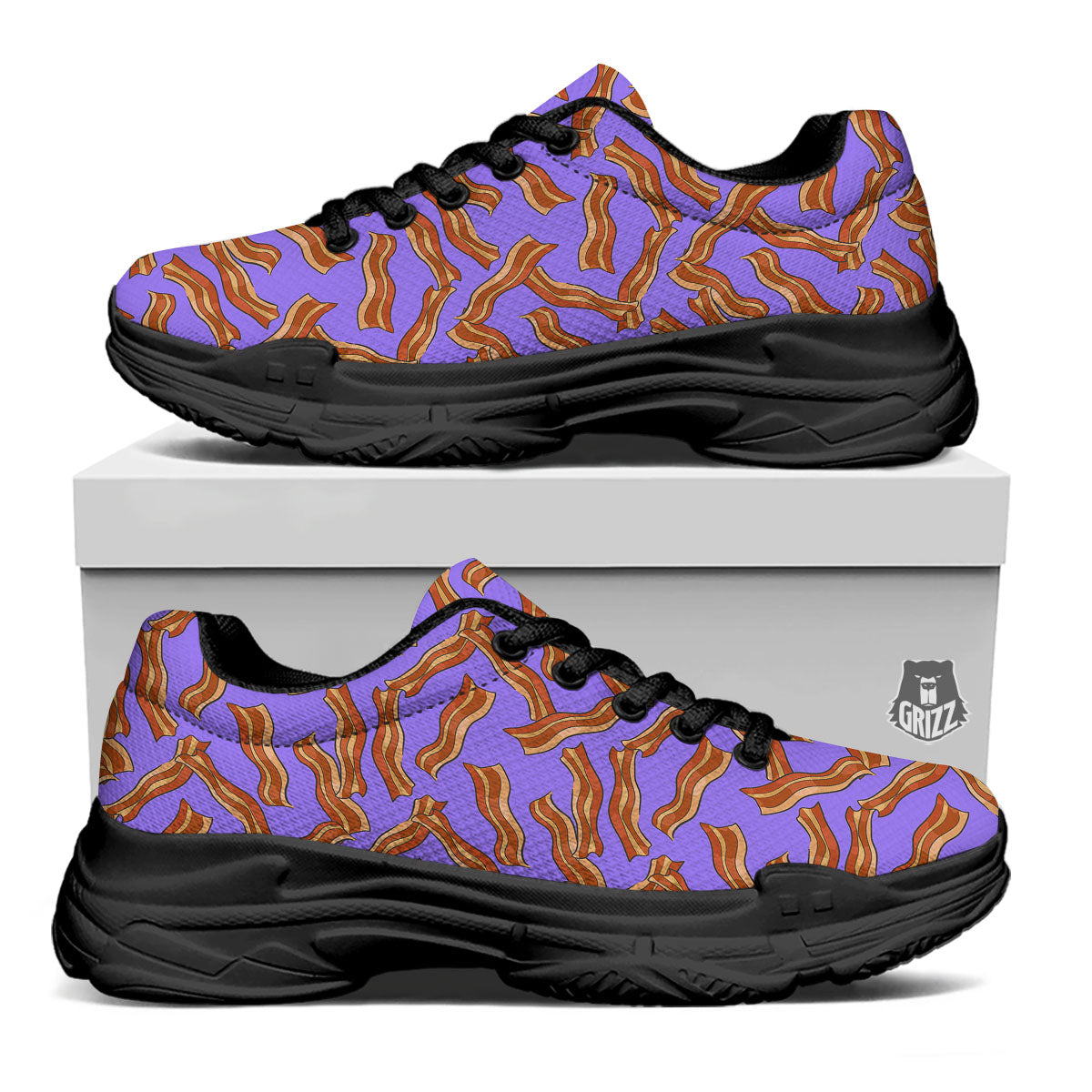 Bacon Purple Print Pattern Black Chunky Shoes-grizzshop