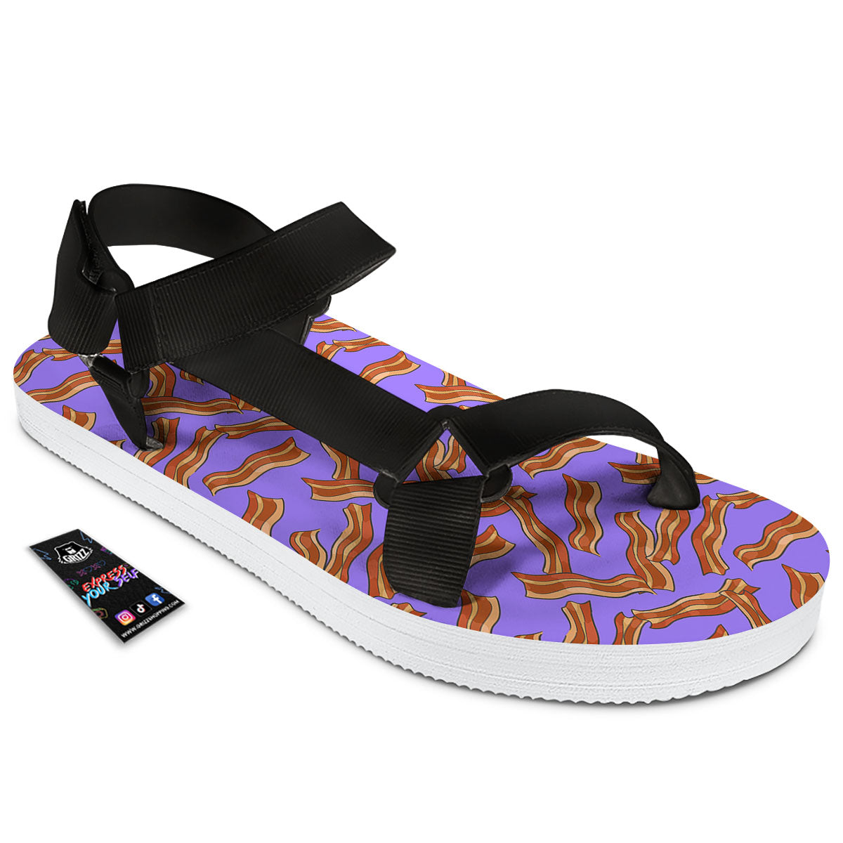 Bacon Purple Print Pattern Black Open Toe Sandals-grizzshop