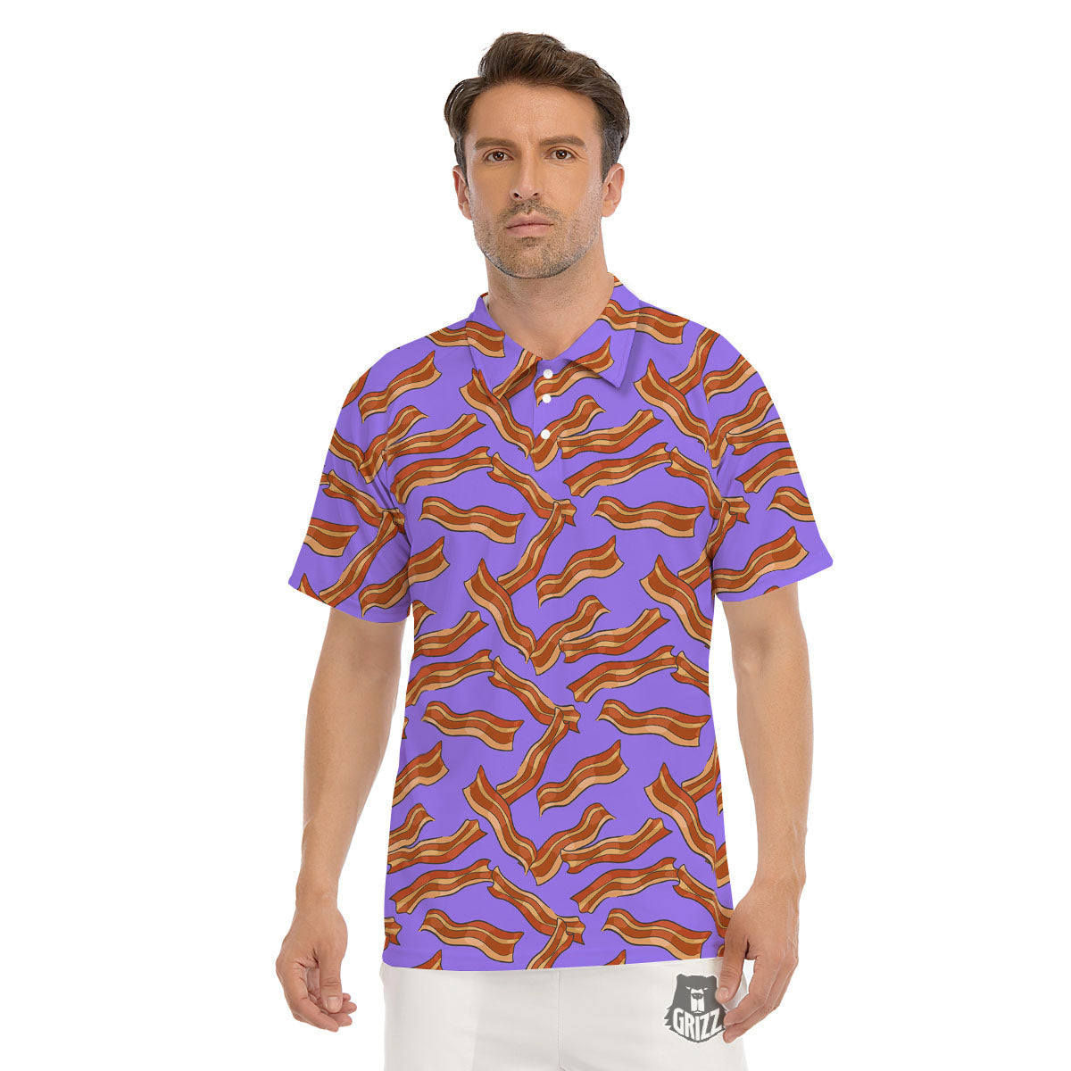 Bacon Purple Print Pattern Men's Golf Shirts-grizzshop