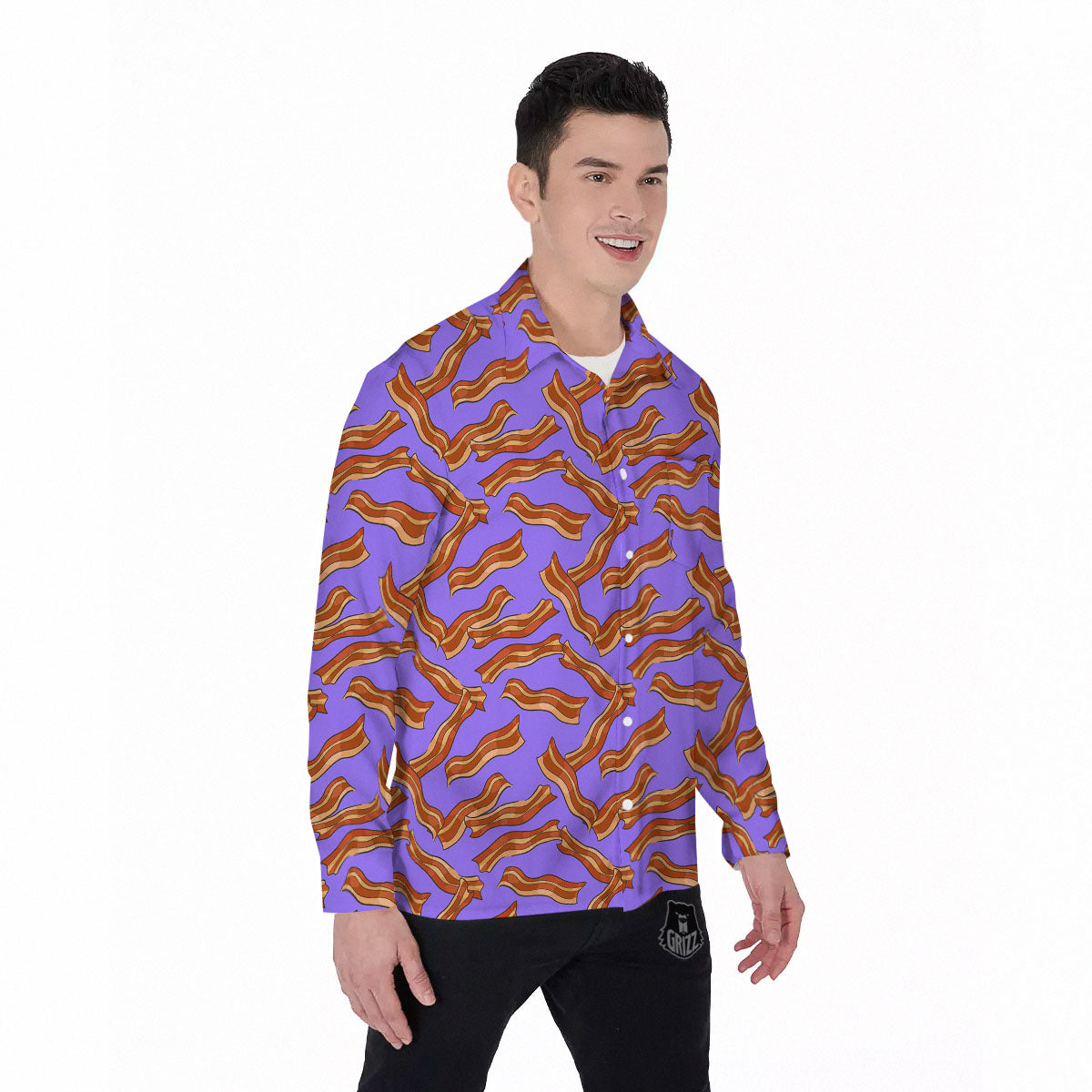 Bacon Purple Print Pattern Men's Long Sleeve Shirts-grizzshop