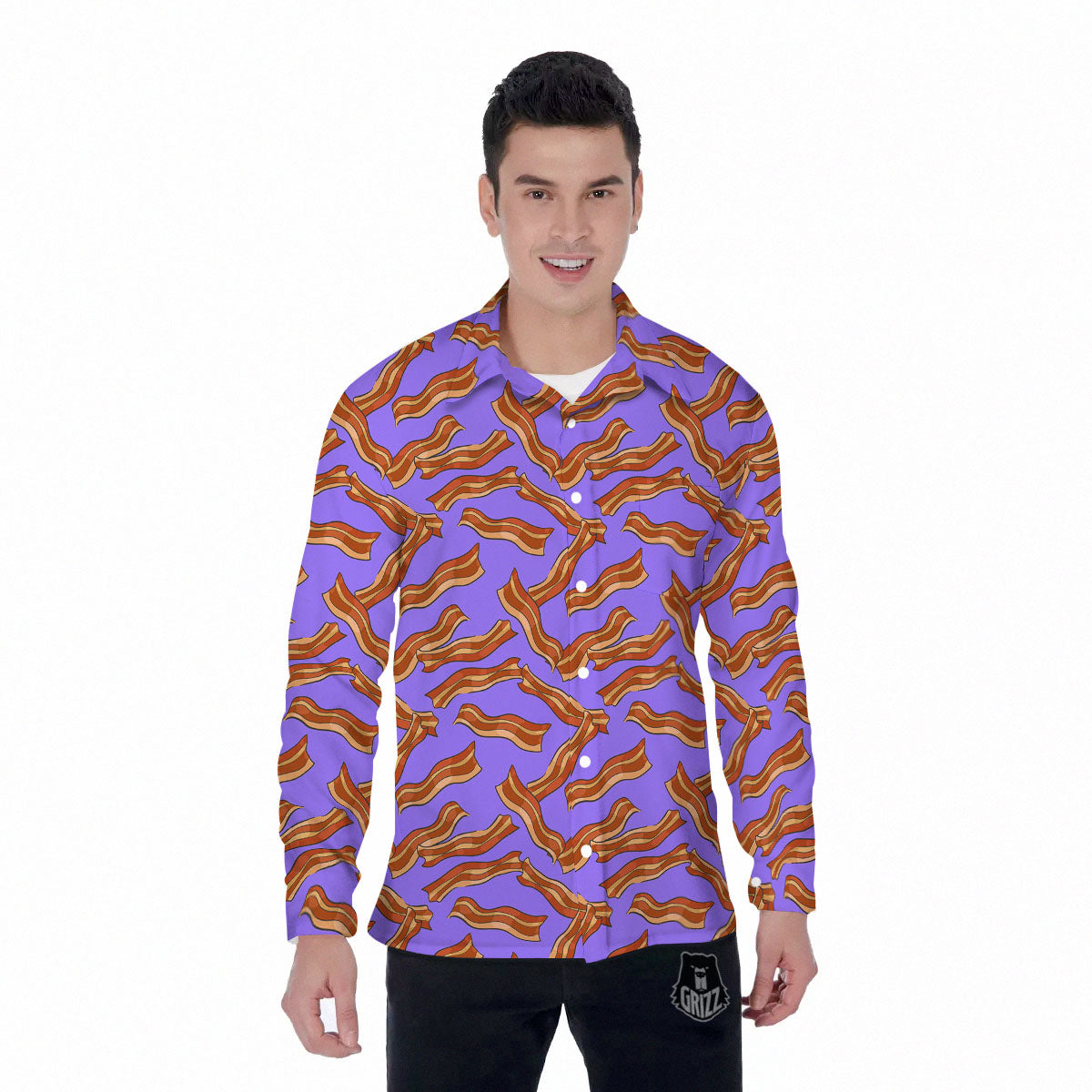 Bacon Purple Print Pattern Men's Long Sleeve Shirts-grizzshop