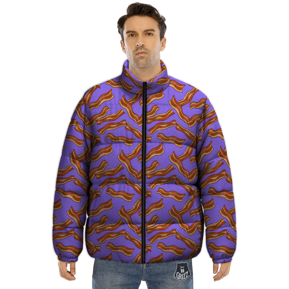 Bacon Purple Print Pattern Puffer Jacket-grizzshop