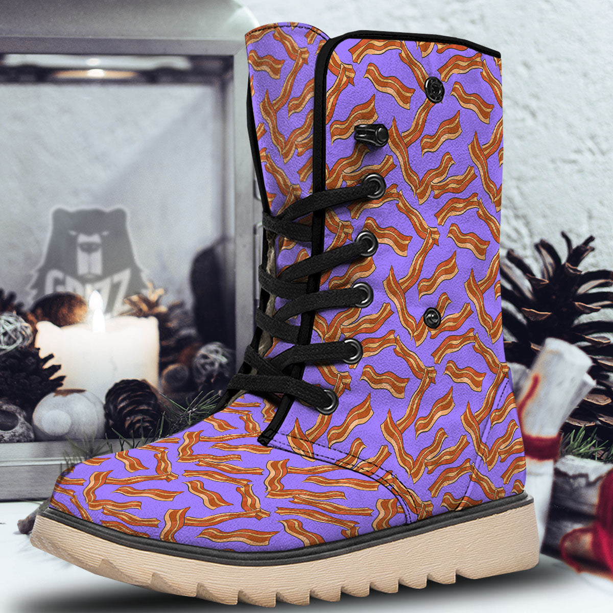 Bacon Purple Print Pattern Snow Boots-grizzshop