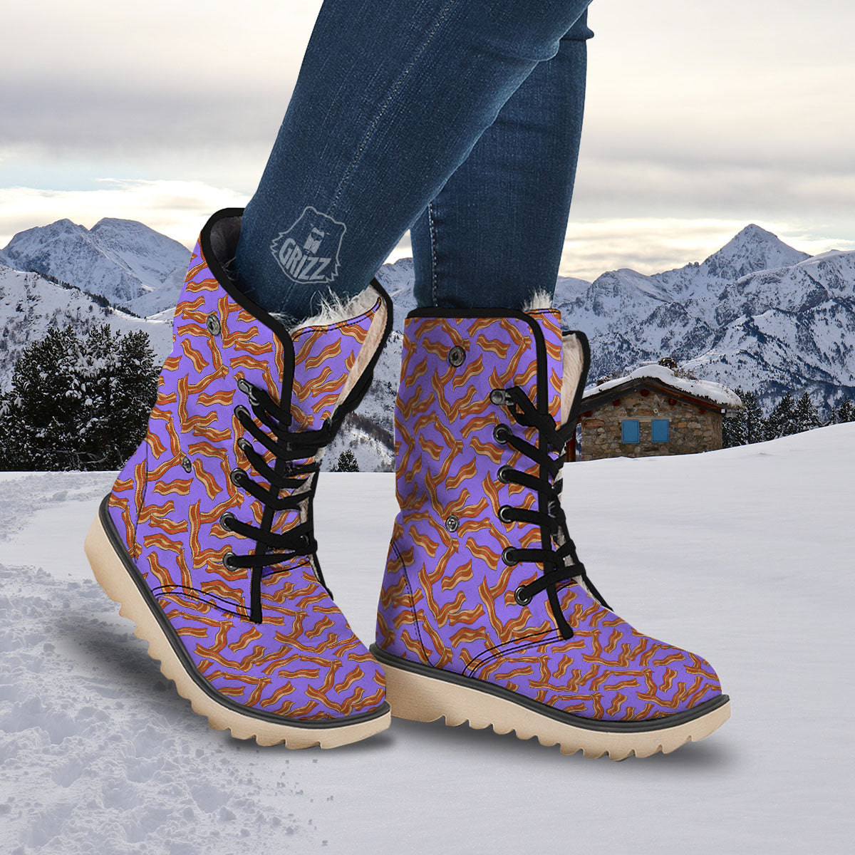 Bacon Purple Print Pattern Snow Boots-grizzshop