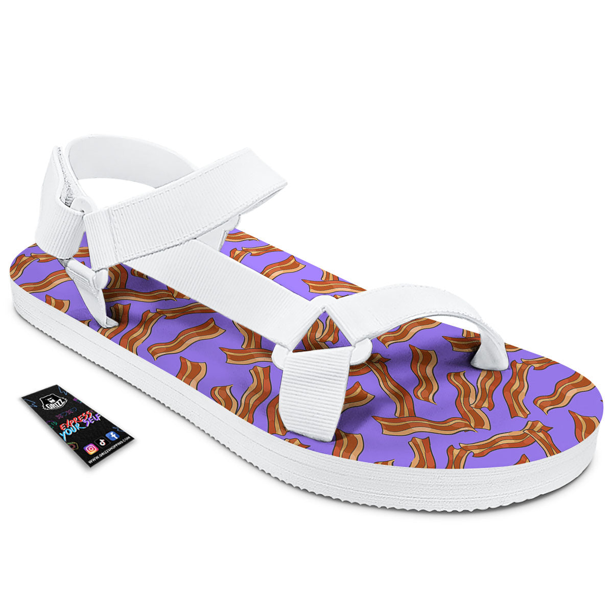 Bacon Purple Print Pattern White Open Toe Sandals-grizzshop