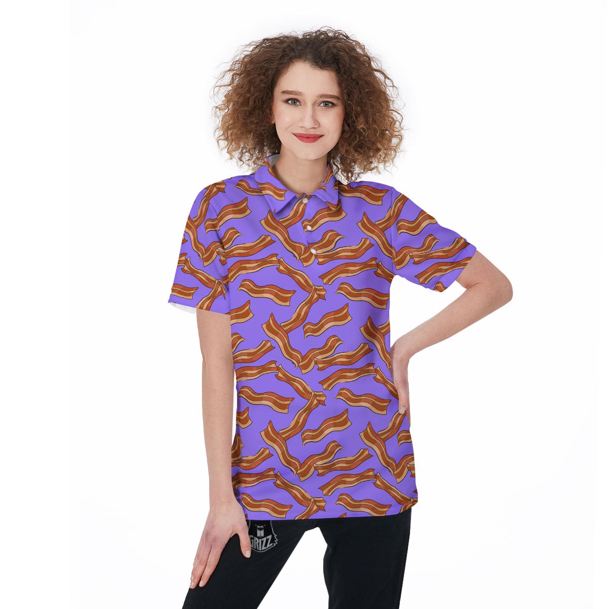 Bacon Purple Print Pattern Women's Golf Shirts-grizzshop