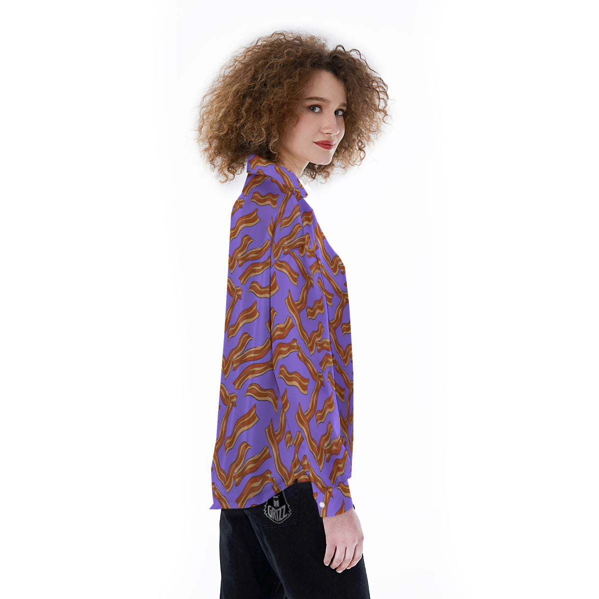 Bacon Purple Print Pattern Women's Long Sleeve Shirts-grizzshop