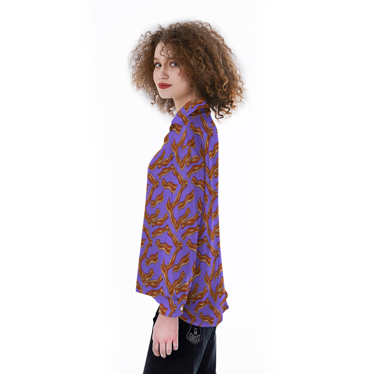 Bacon Purple Print Pattern Women's Long Sleeve Shirts-grizzshop
