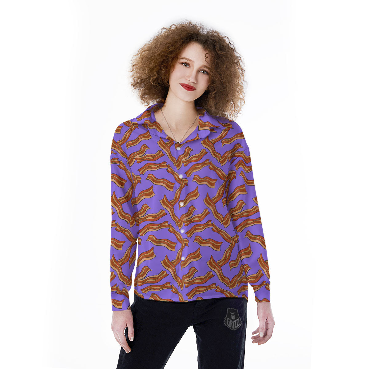 Bacon Purple Print Pattern Women's Long Sleeve Shirts-grizzshop