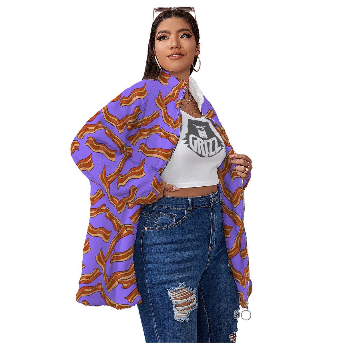 Bacon Purple Print Pattern Women's Sherpa Jacket-grizzshop