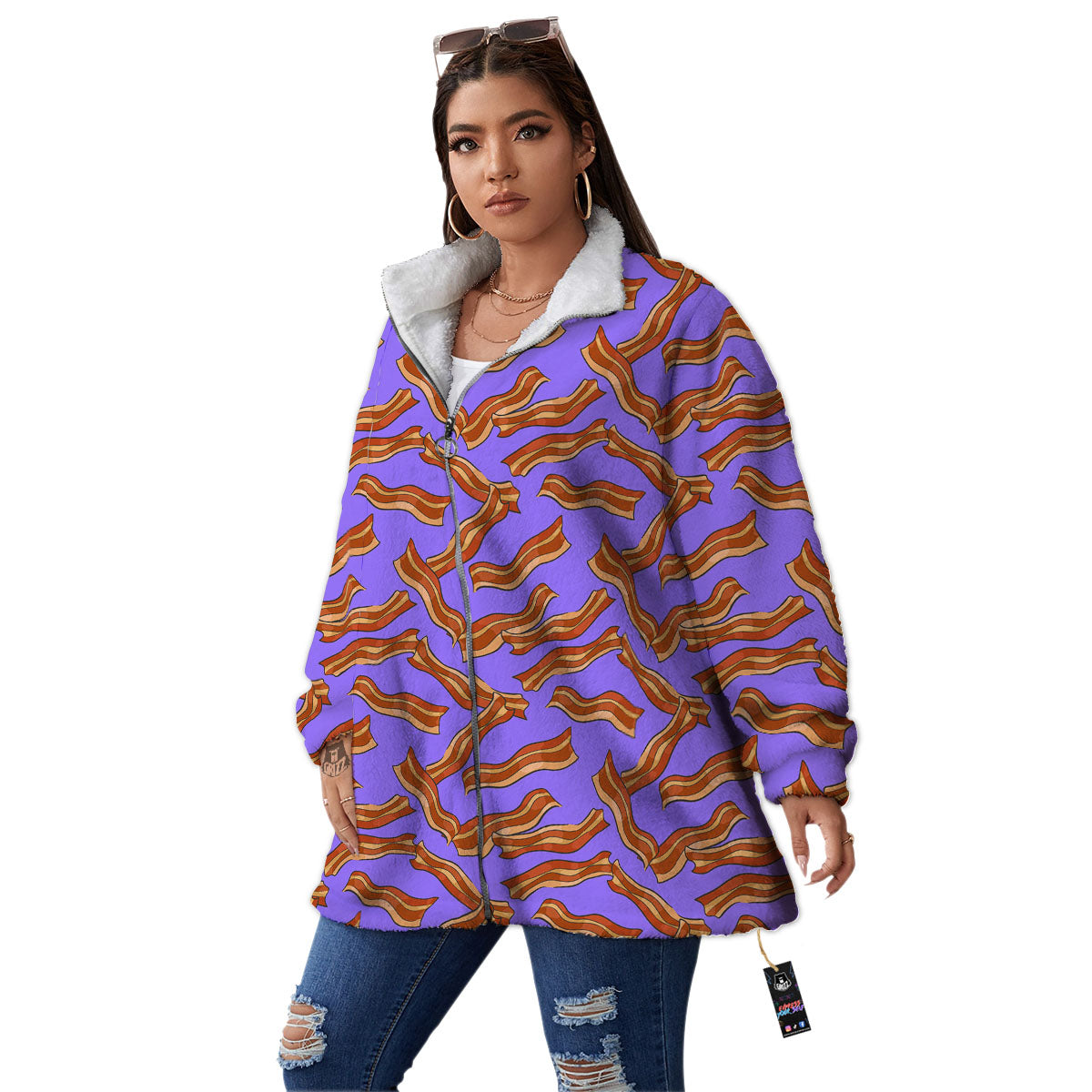 Bacon Purple Print Pattern Women's Sherpa Jacket-grizzshop
