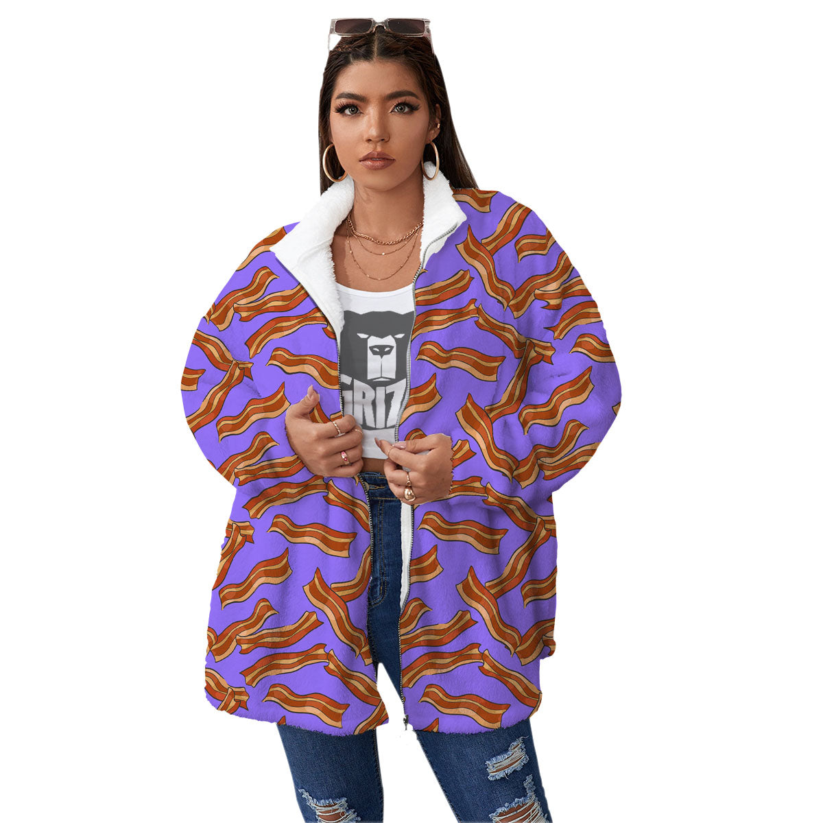 Bacon Purple Print Pattern Women's Sherpa Jacket-grizzshop