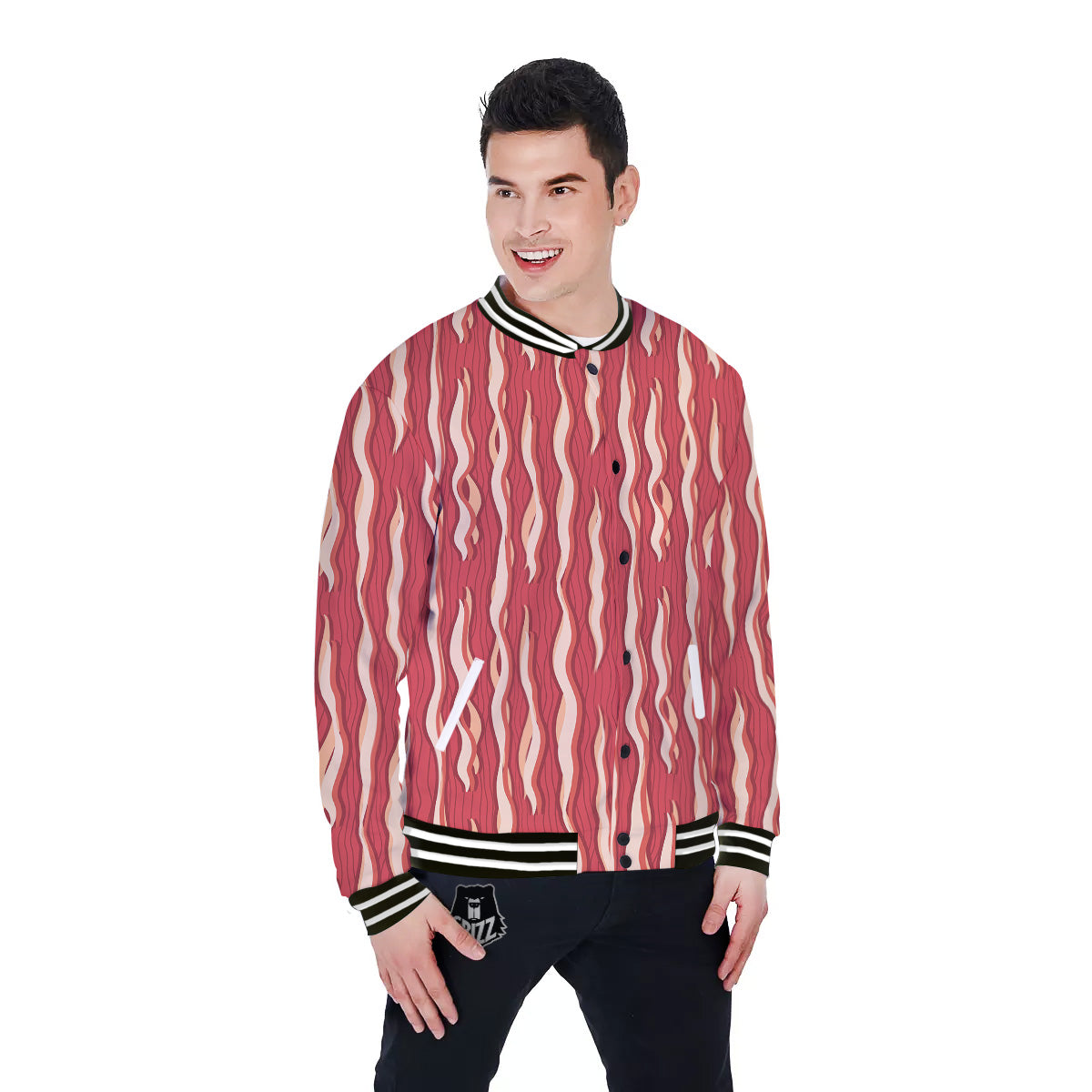 Bacon Texture Print Pattern Baseball Jacket-grizzshop
