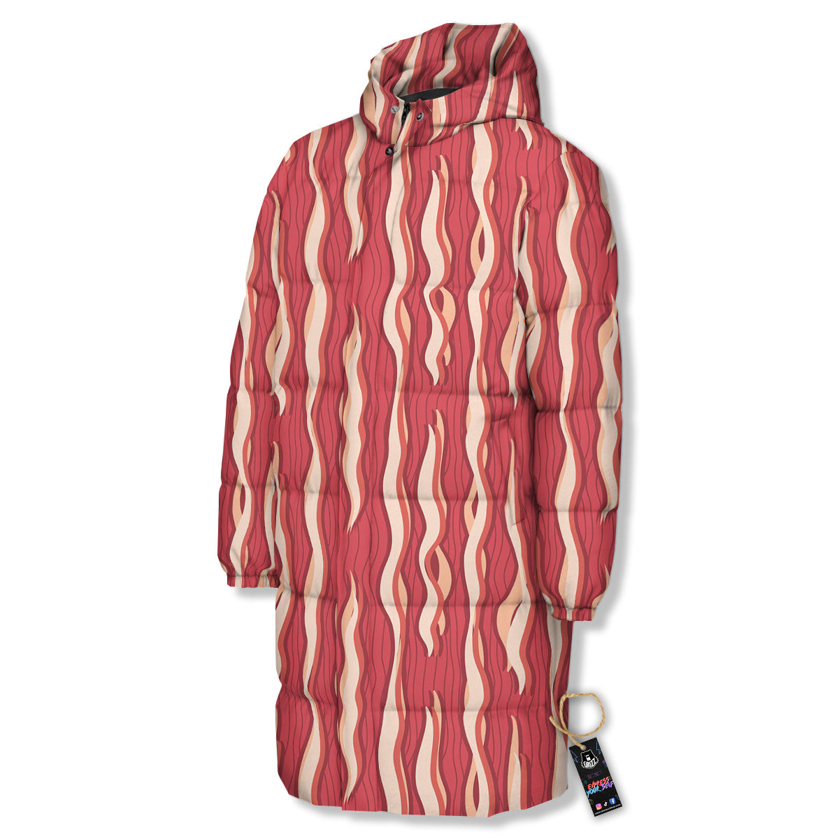 Bacon Texture Print Pattern Long Down Jacket-grizzshop