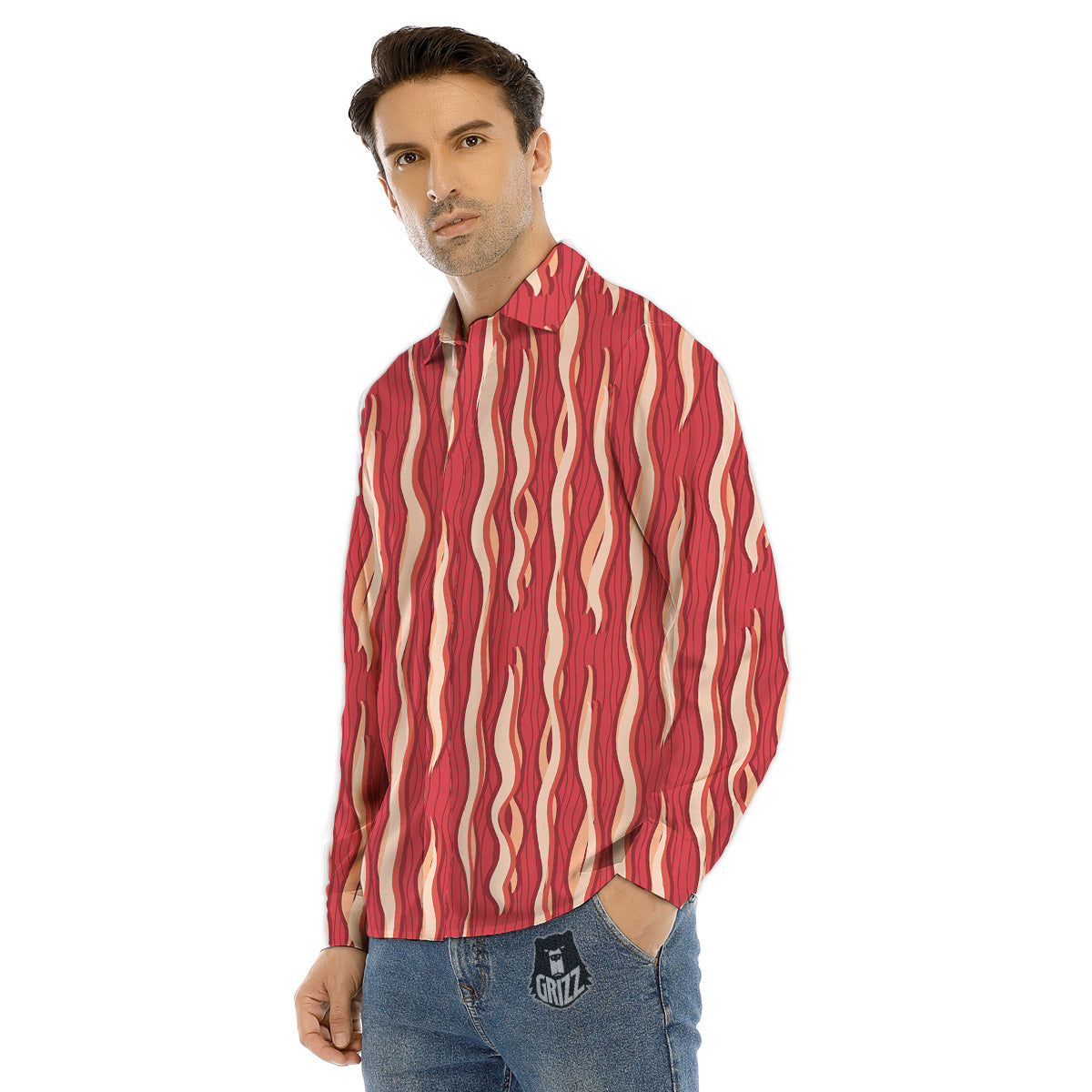 Bacon Texture Print Pattern Men's Dress Shirts-grizzshop