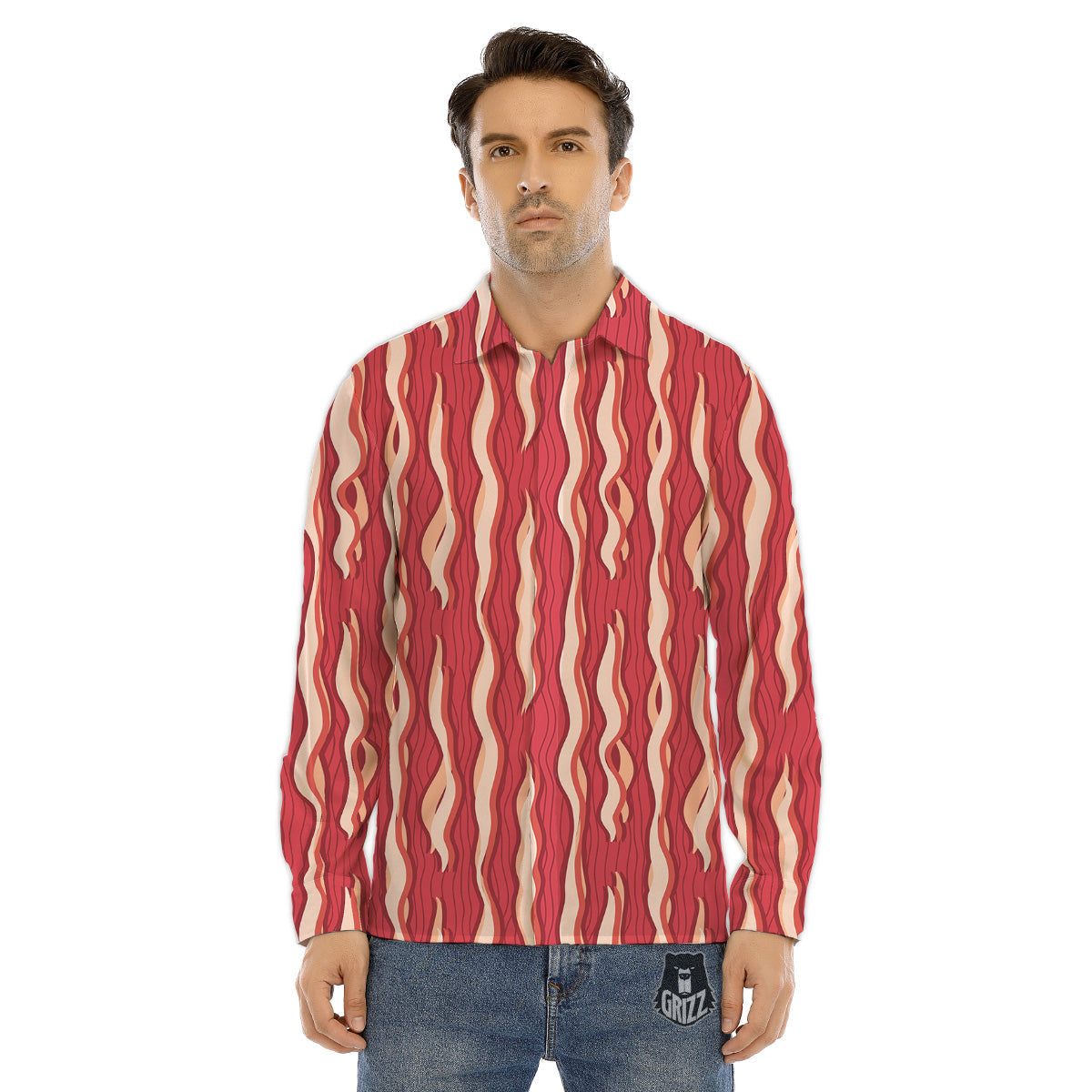 Bacon Texture Print Pattern Men's Dress Shirts-grizzshop