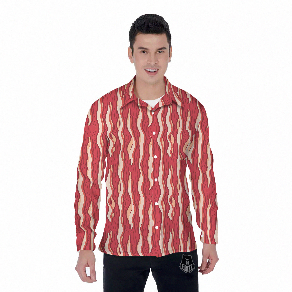 Bacon Texture Print Pattern Men's Long Sleeve Shirts-grizzshop
